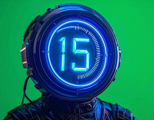 Futuristic character wearing a helmet with a digital display