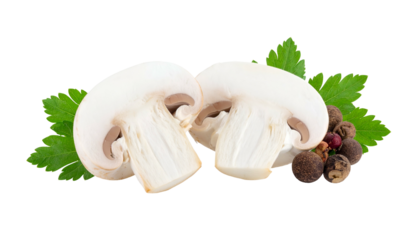 Sliced, fresh white mushrooms, green leaves, and peppercorns isolated on a black background