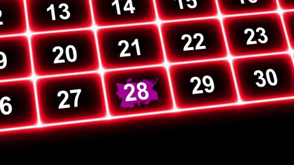 Marking the date number 28th, focusing on the number highlighted with a red cross or paint stain/ ink bloom on the calendar. Highlighting date Very important date on the calendar. Signing a day 