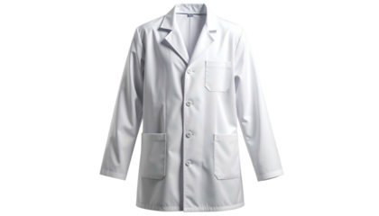 White, button-down lab coat, isolated on black background, front view