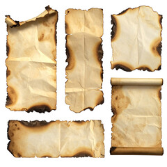 Burned edges and creased textures on aged paper sheets