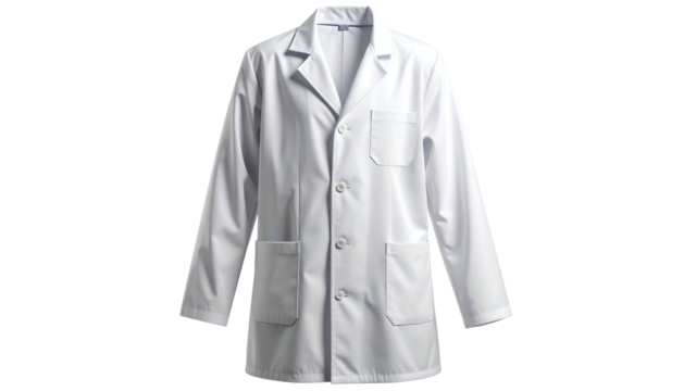 White, button-down lab coat, isolated on black background, front view