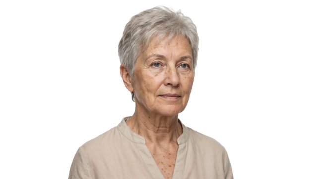 Senior woman with gray hair in light clothing, looking thoughtfully while standing against a plain background