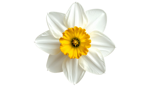 Overhead shot of a spring bloom, featuring white petals and a vibrant yellow center