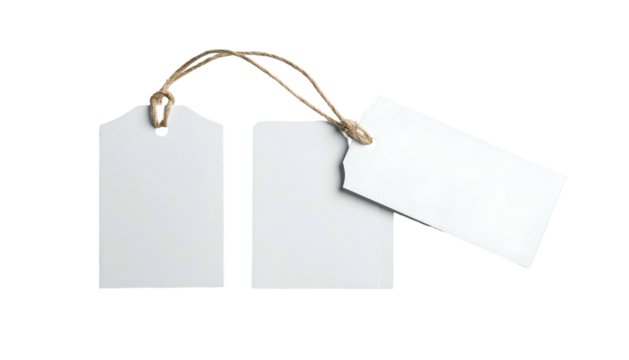 Three blank white paper tags, each different shape, connected by twine, isolated on black