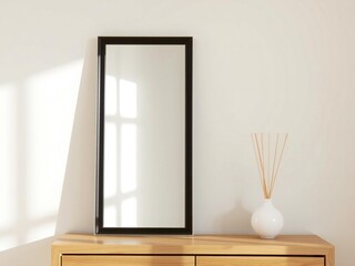 Tall rectangular mirror with dark frame on wooden dresser with white vase