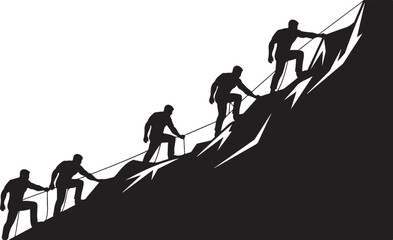 Mountain Hiking Team Silhouette – Climbers on Summit Adventure Artwork