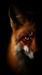 Fototapeta premium Close up of a red fox face with glowing orange eye against black background animal wildlife