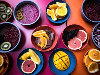 A vibrant arrangement of colorful fruits and healthy snacks captures the essence of nutritious eating and wellness.