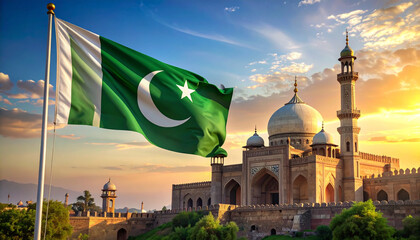 Twilight Over Heritage: Pakistani Flag Above Sunset Mosque Silhouette, Captured in Cinematic Detail as a Symbol of National Pride, Cultural Legacy, and Timeless Identity