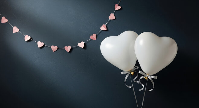 White heart shaped balloons with string and garland on dark background ideal for Valentines Day Holiday poster