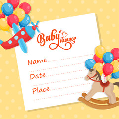 Obraz premium Cute baby shower card invitation template vibrant colorful rocking horse airplane toy balloons