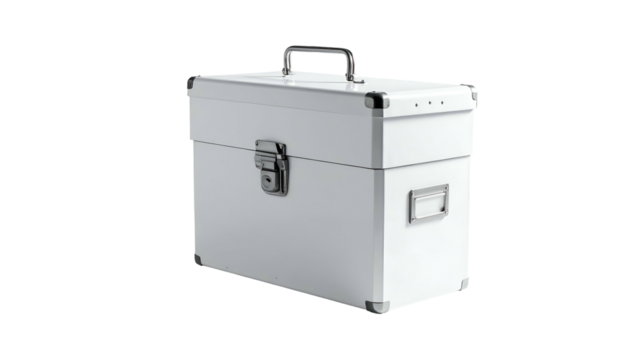 A white, rectangular container, fitted with handle, latch, and metal corner protectors
