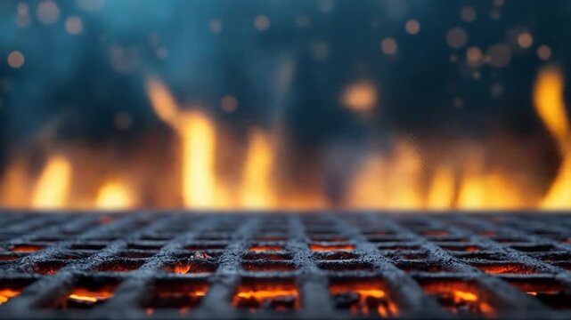 Empty barbecue grill with intense flames and glowing coals ready for outdoor cooking