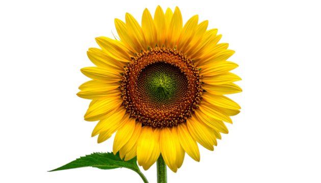 Vivid, isolated blossom with a dark center and golden petals. A lone green leaf