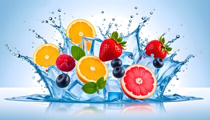 Vibrant fruit medley splashing in water with ice cubes on a light blue background