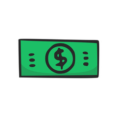 Hand Drawn Dollar Banknote Money Icon Doodle Vector Illustration, Green Currency Cash Finance Wealth Sketch, Simple Minimalist Payment Business Element