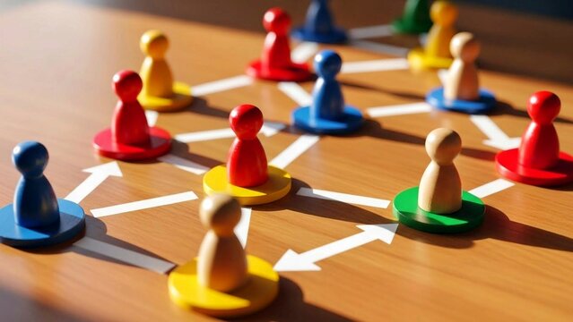 group of people playing chess, Wooden desk displays colorful peg figures connected by lines and circles. Figures form a clear organizational chart. Represents business structure teamwork and clear rep - Powered by Adobe