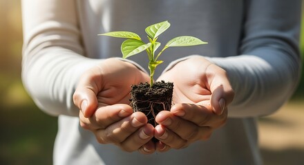 Hands gently holding a small green seedling with soil symbolizing growth new beginnings and environmental care