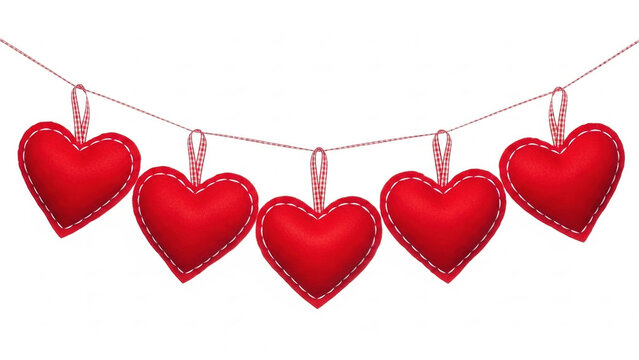 A string of five red fabric hearts hanging on a white background, perfect for a Valentines Day or mothers day decoration