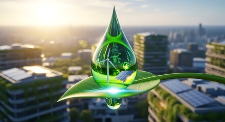 Vibrant green water droplet reflecting a lush forest and planet earth on a leaf overlooking a modern cityscape at sunset