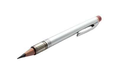 Metallic writing instrument with clip, eraser, and extended graphite tip, isolated on black