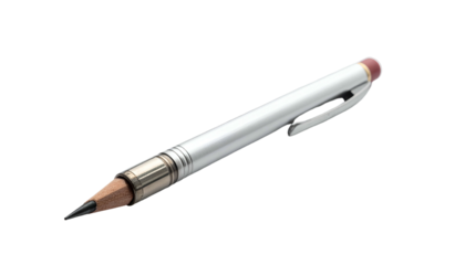 Metallic writing instrument with clip, eraser, and extended graphite tip, isolated on black