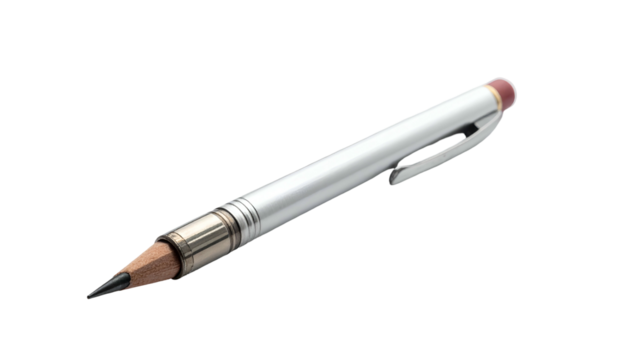 Metallic writing instrument with clip, eraser, and extended graphite tip, isolated on black