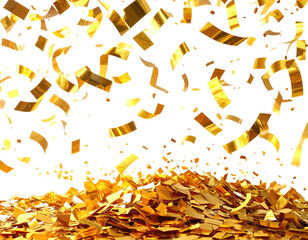 Falling golden confetti on black. Ground-level pile