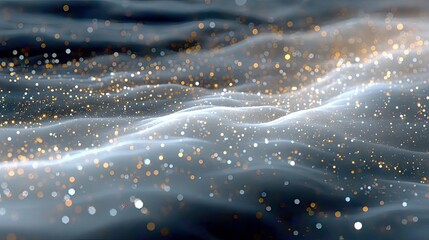 An abstract visualization of flowing, wavy forms with scattered golden and white glitter particles, creating a dreamy and ethereal atmosphere. The lighting is s