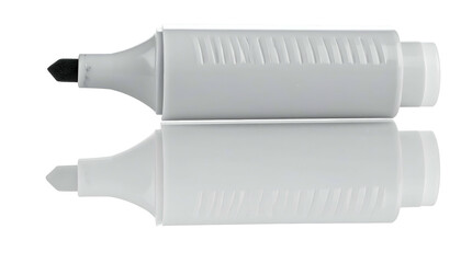 Close-up of two identical gray felt-tip markers with their reflections visible below
