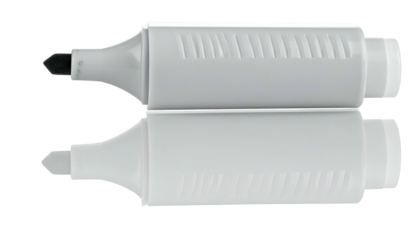 Close-up of two identical gray felt-tip markers with their reflections visible below