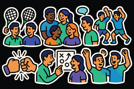 Colorful cartoon group activities with friends in sporty outfits