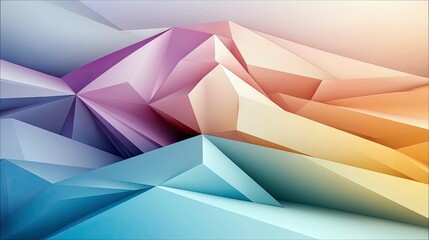 An abstract, low-poly landscape with sharp geometric shapes and a smooth gradient of colors from blue to purple to orange, suggesting a serene and futuristic en