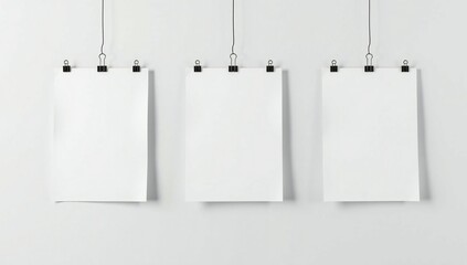 Three blank white sheets of paper hanging on a wall with clips