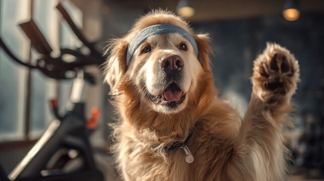 Golden retriever wearing headband raising paw in gym next to exercise bike playful pet portrait perfect for fitness inspiration and motivational content visuals