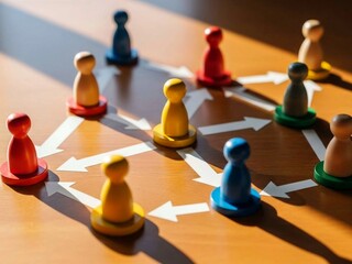 group of people playing chess, Wooden desk displays colorful peg figures connected by lines and circles. Figures form a clear organizational chart. Represents business structure teamwork and clear rep