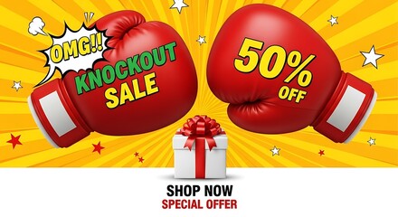 Knockout sale banner with boxing gloves, 50% off