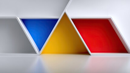 A modern, abstract design featuring white geometric shelving with interior sections colored blue, yellow, and red. The composition is clean and minimalist.