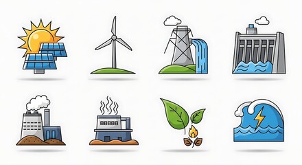 Collection of hand drawn icons representing various renewable and non renewable energy sources and power generation methods