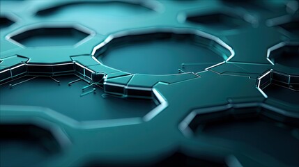 Close-up of an abstract, interconnected geometric structure with a metallic teal finish. The edges of the structure are highlighted with subtle glowing light, c