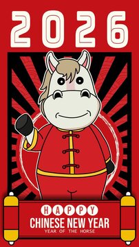 Vertical looping animation for Chinese New Year 2026 showing a cheerful horse mascot with bold red rays and a festive banner. Ideal for stories, reels, digital greetings, event screens, and promotions