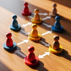 group of people playing chess, Wooden desk displays colorful peg figures connected by lines and circles. Figures form a clear organizational chart. Represents business structure teamwork and clear rep