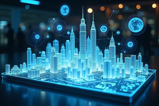 The Engineer's Futuristic Holographic Cityscape Display with Interactive Tools and Components
