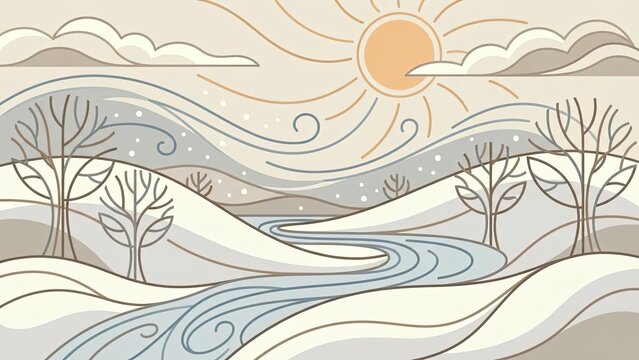 Stylized winter landscape with snow hills winding river and bare trees under sun