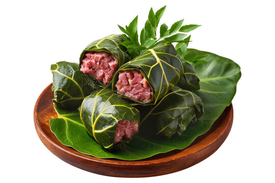 Lu Pulu corned beef cooked in coconut milk in taro leaves in wooden bowl, isolated on white transparent background, concept of traditional Polynesian food