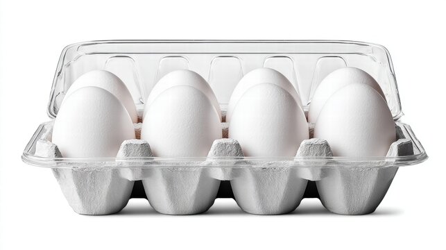 Fresh white eggs in a clear plastic container.
