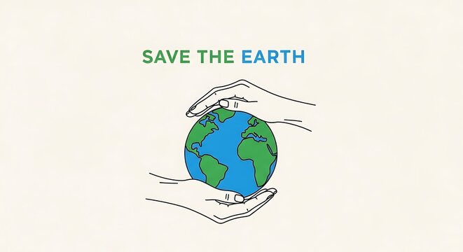 Two hands gently cradling and protecting the planet earth with the words save the earth above