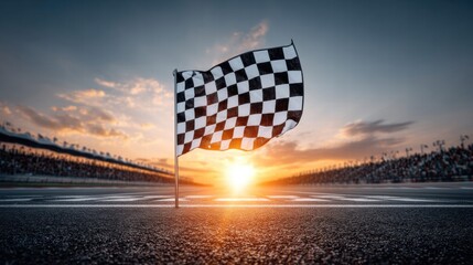 Naklejka premium Checkered flag waving at the finish line during a race at sunset.