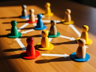 group of people playing chess, Wooden desk displays colorful peg figures connected by lines and circles. Figures form a clear organizational chart. Represents business structure teamwork and clear rep